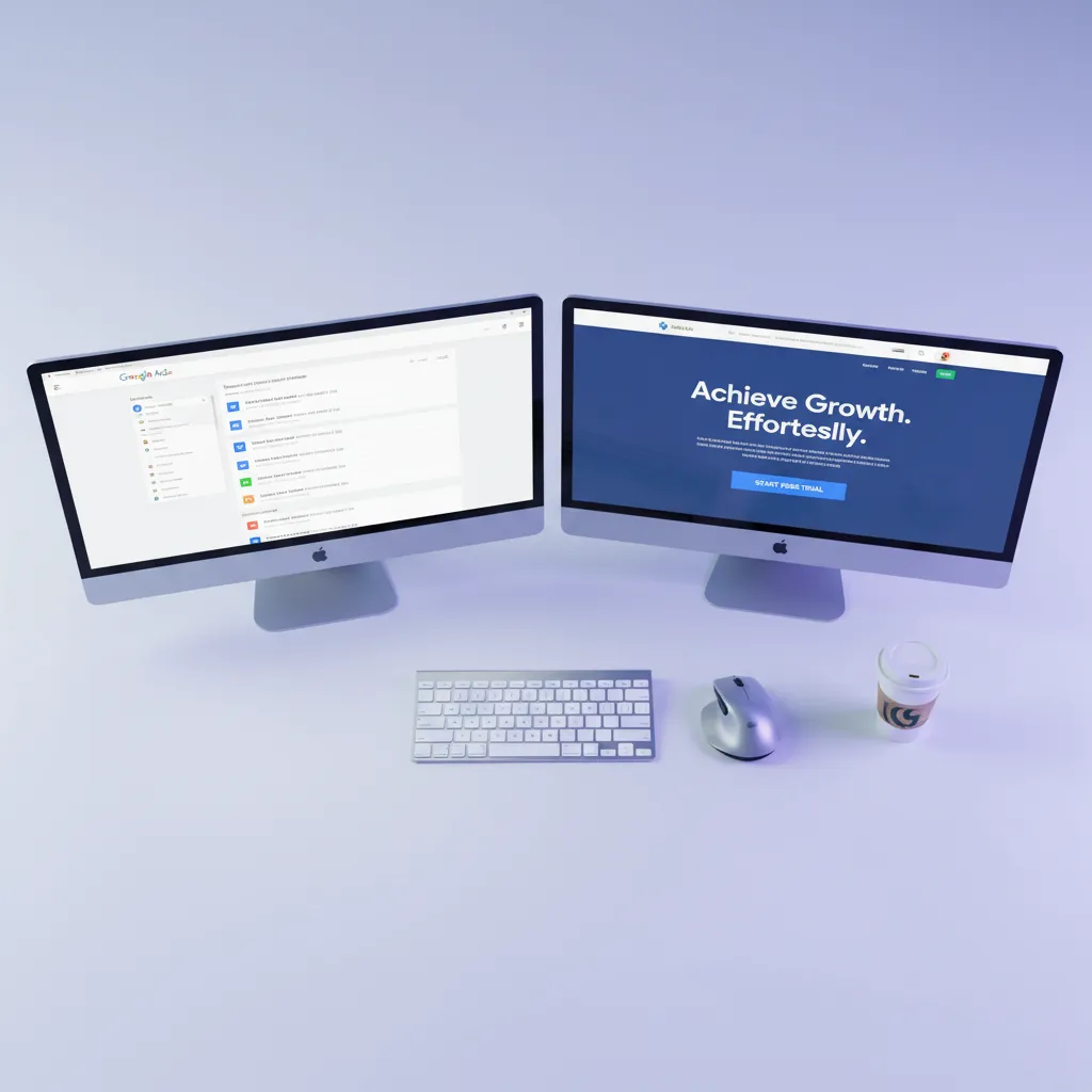 Ad creative and landing page side-by-side comparison on dual monitors showing message match for higher CTR