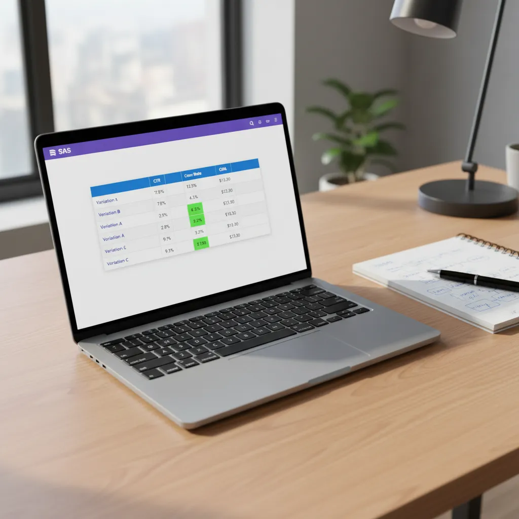 Ad creative A/B test results spreadsheet on laptop showing CTR and conversion rate data for PPC optimization