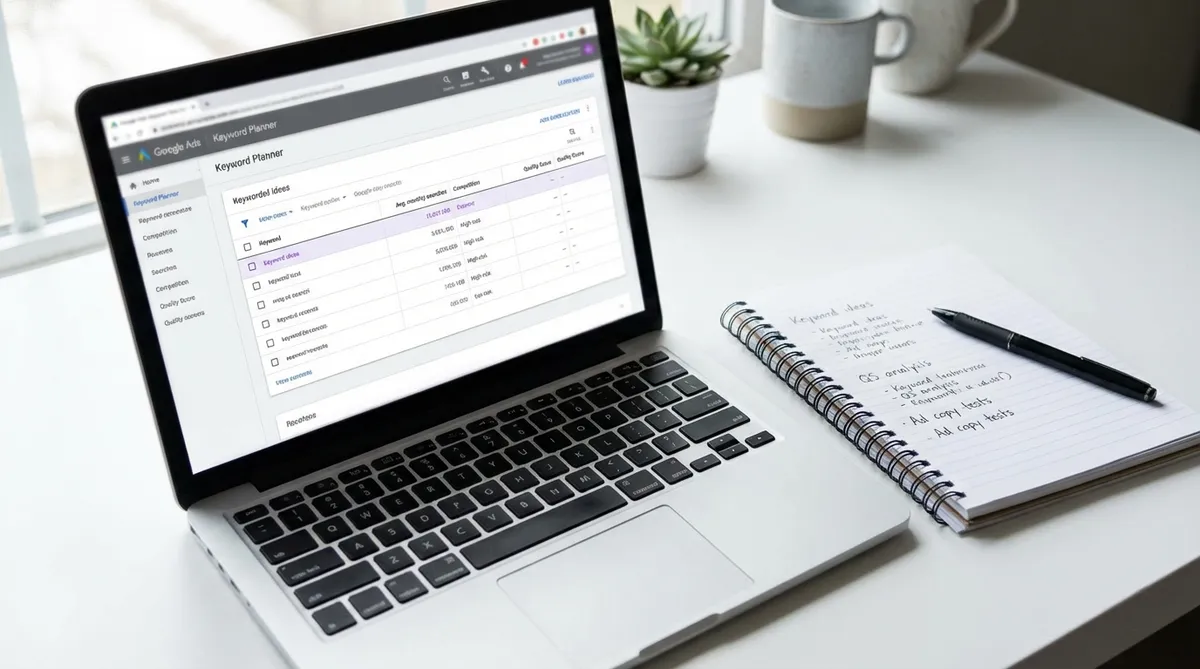 Google Ads Quality Score column visible in keyword planner interface on laptop screen