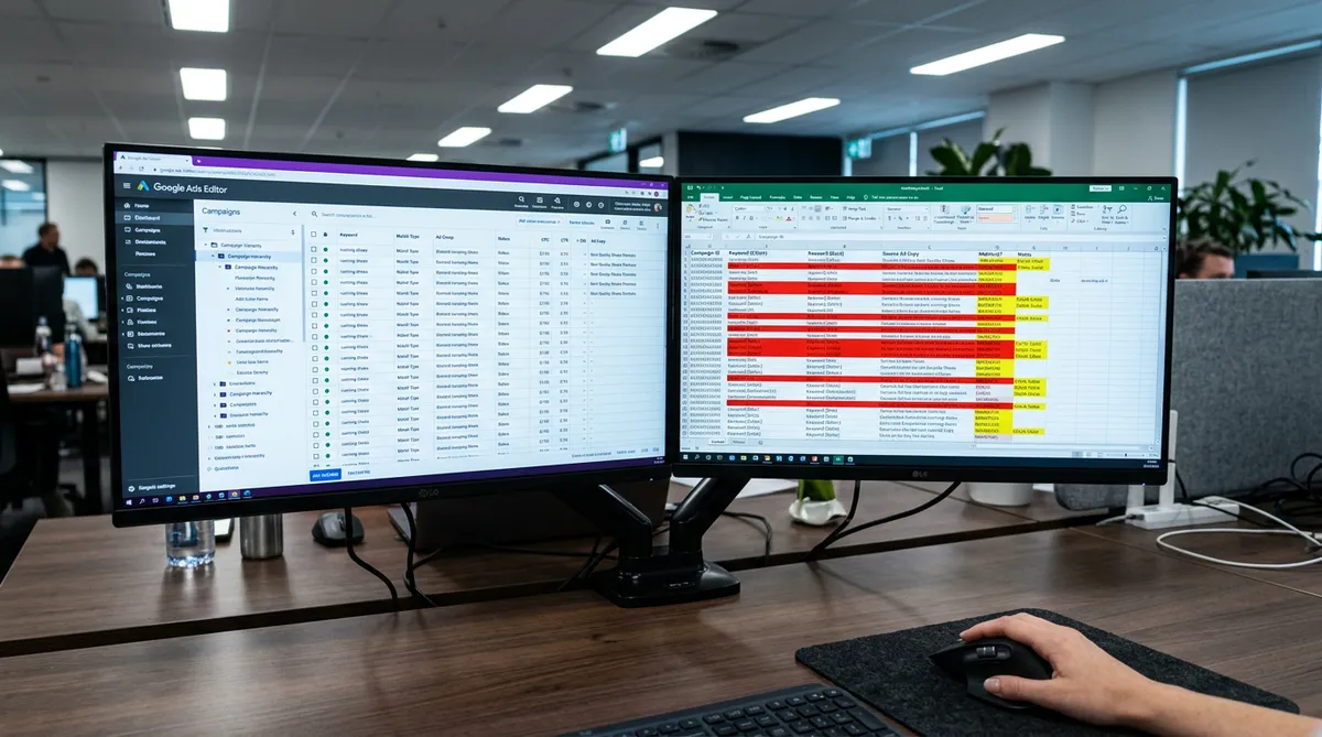Google Ads Editor showing ad relevance review with keyword and ad copy columns on dual monitors