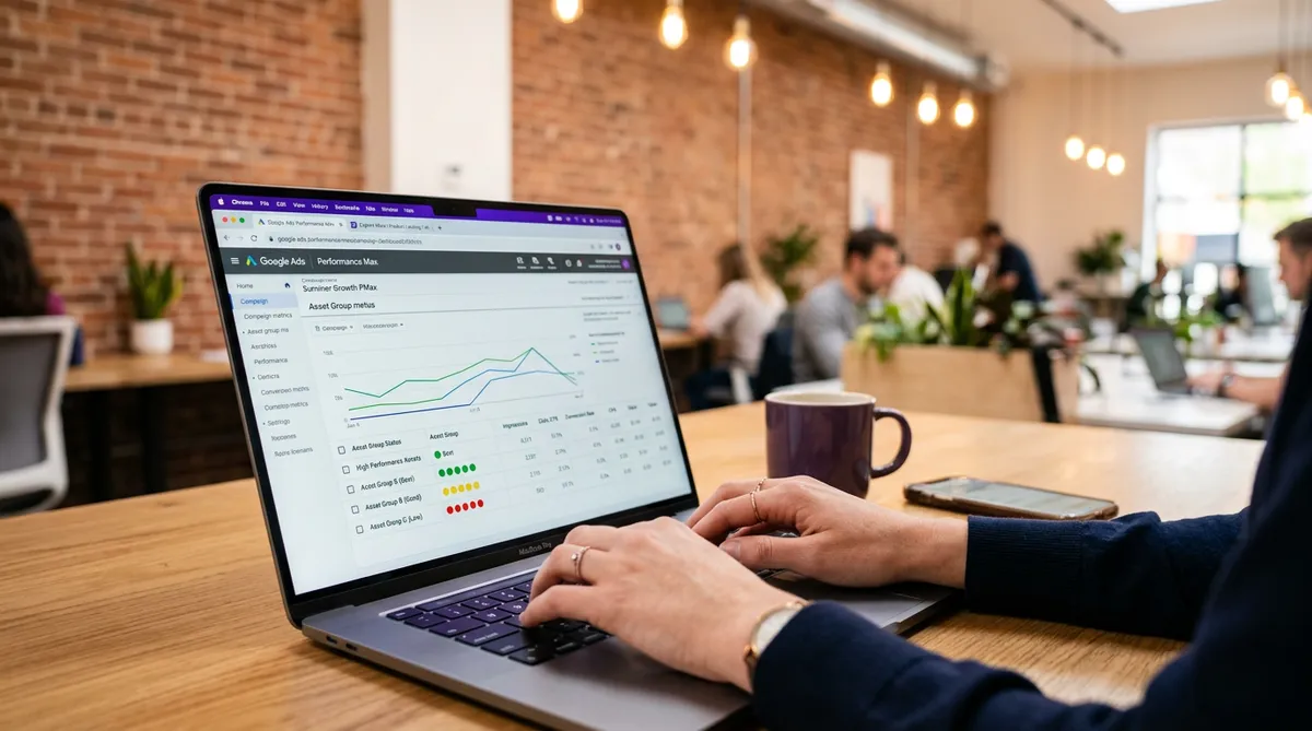 Google Ads Performance Max asset performance dashboard on MacBook showing quality ratings for PPC optimization