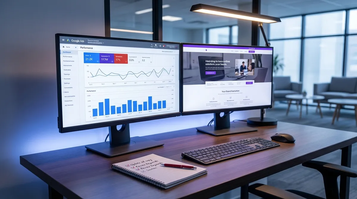 PPC manager desktop setup reviewing landing page optimization checklist alongside Google Ads dashboard