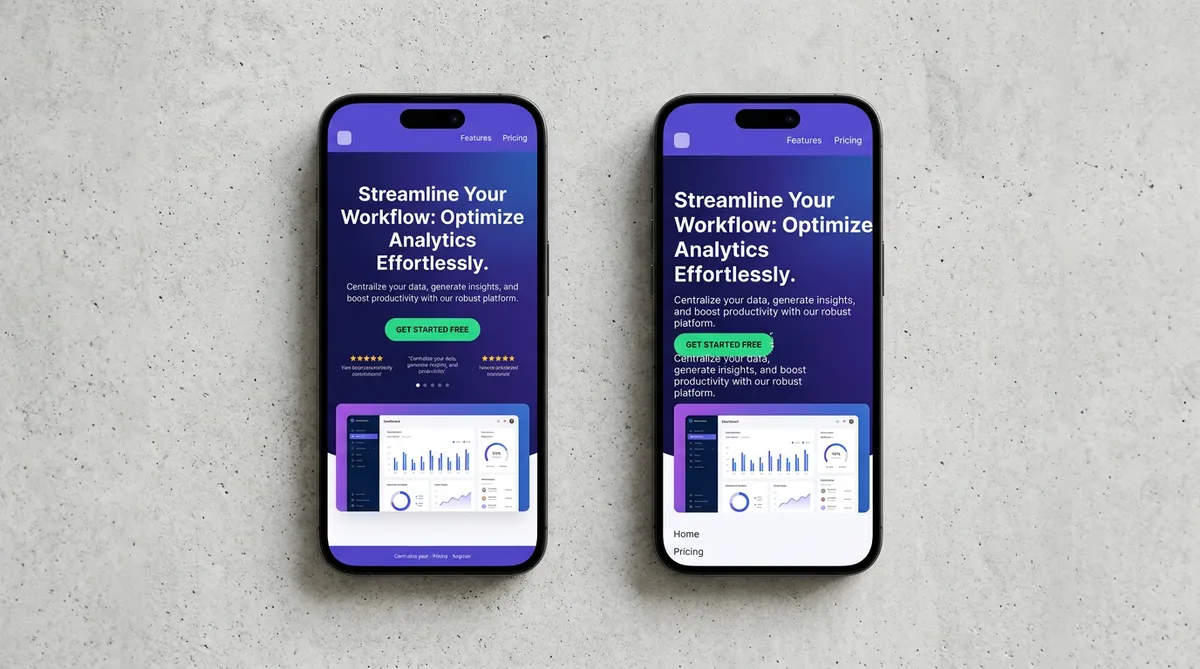 Mobile landing page optimization comparison showing good vs broken PPC landing page layout on smartphones