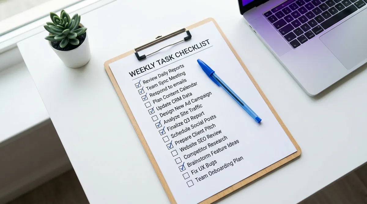 PPC landing page optimization checklist printed on clipboard with items checked off for campaign audit